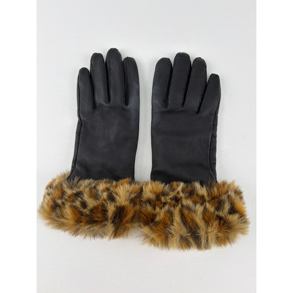 Leather Gloves Leopard Faux Fur Trim Women's M Black Mob Wife Glam Animal Print